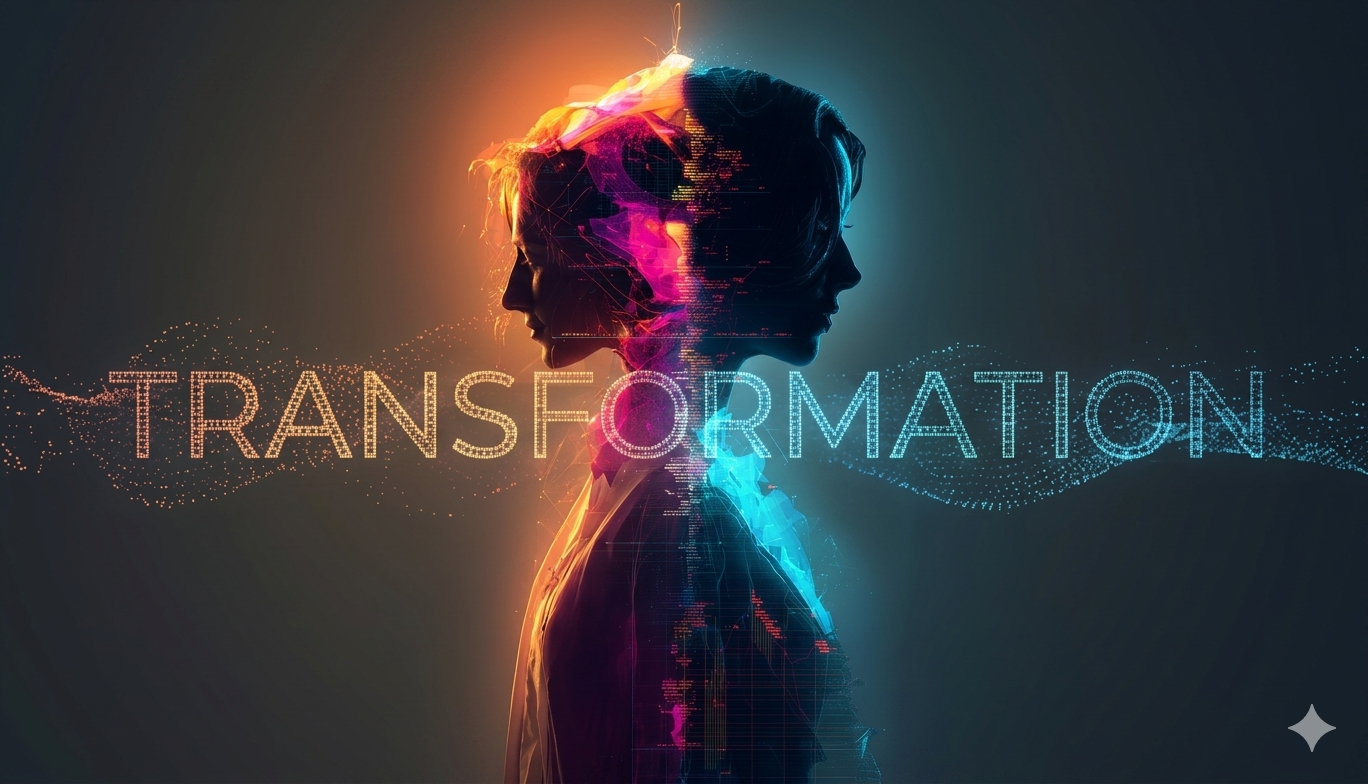 Transformation — a split portrait visualizing inner change made measurable