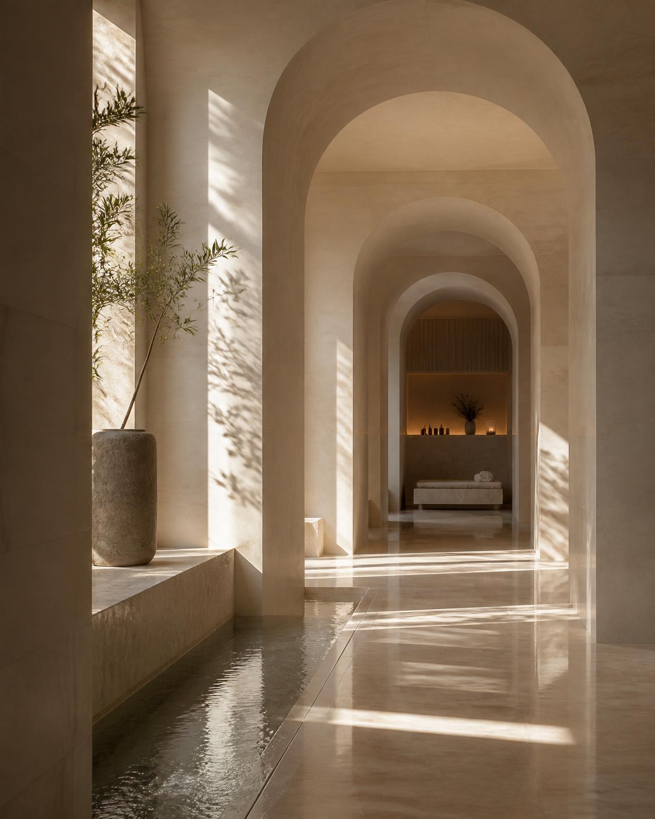 Limestone spa corridor with botanical shadow